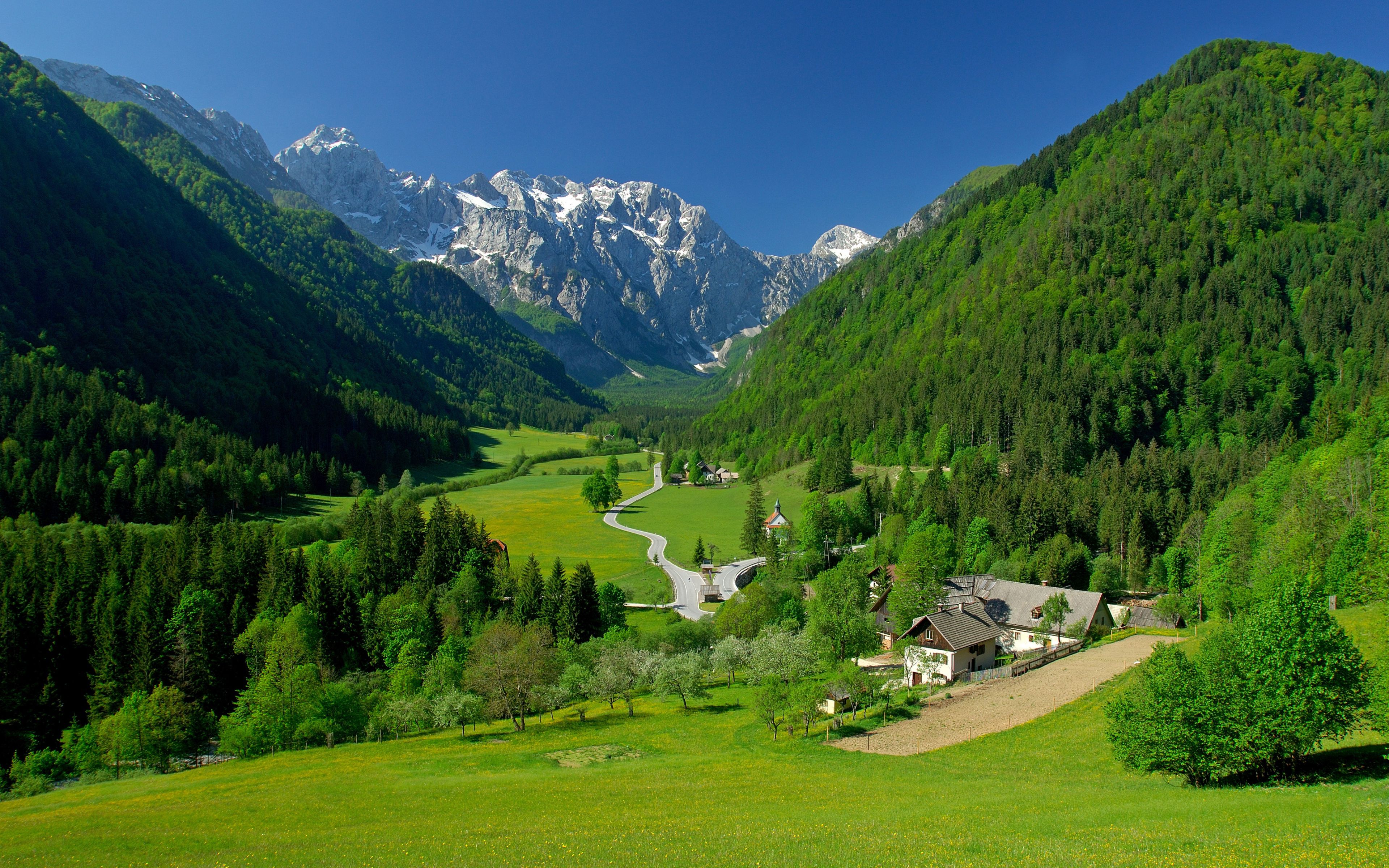 spring alpine valley mountains fields landscape