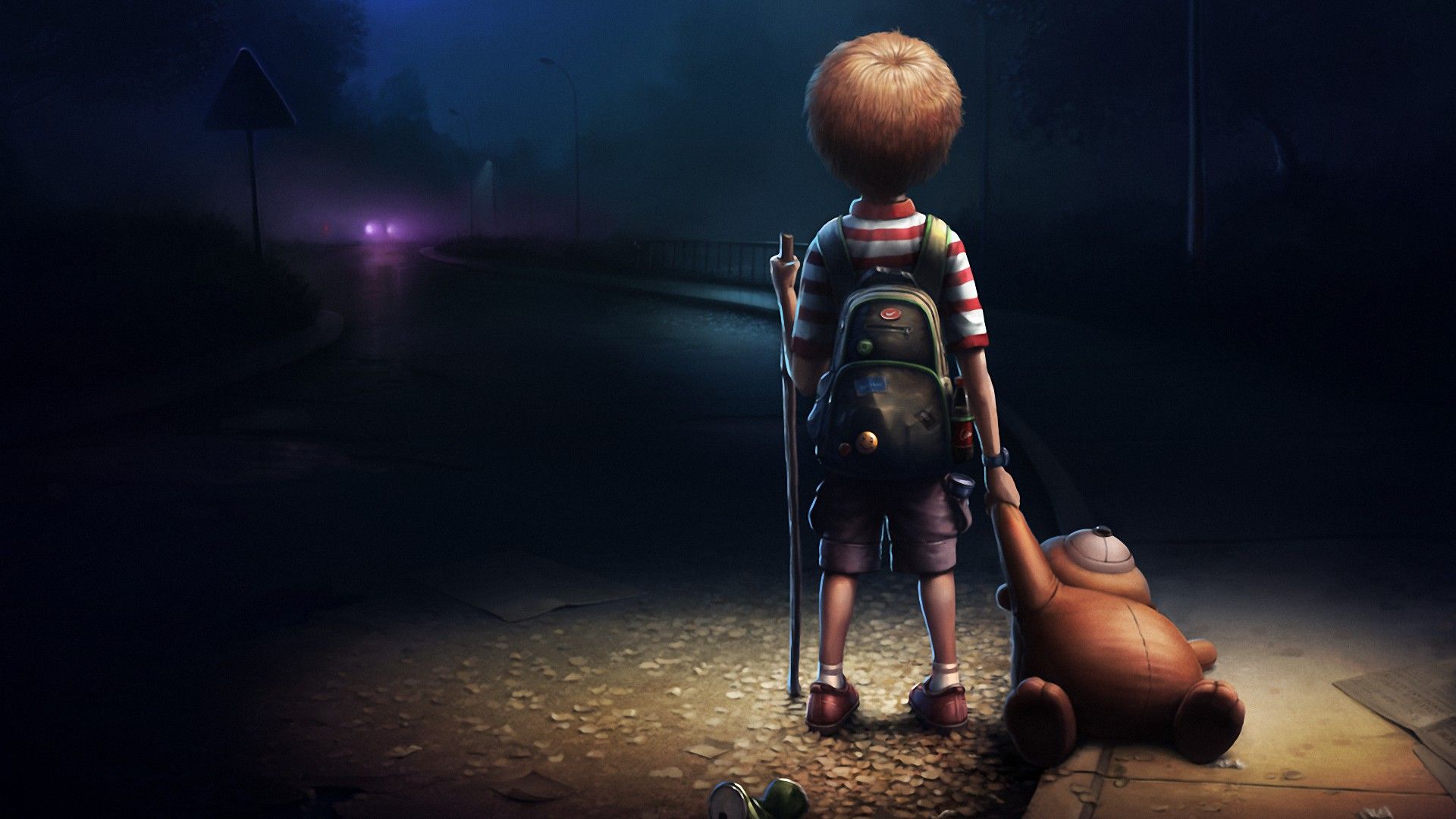 alone little boy anime teddy