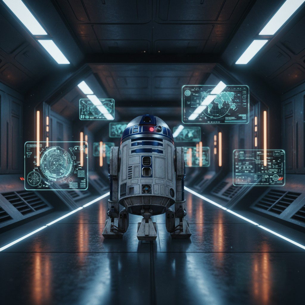 R2 D2 Starship Corridor Holographic Lights Wallpaper