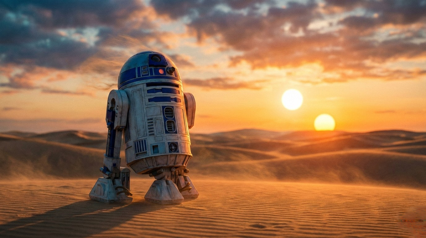 R2 D2 Tatooine Sunset Twin Suns Wallpaper