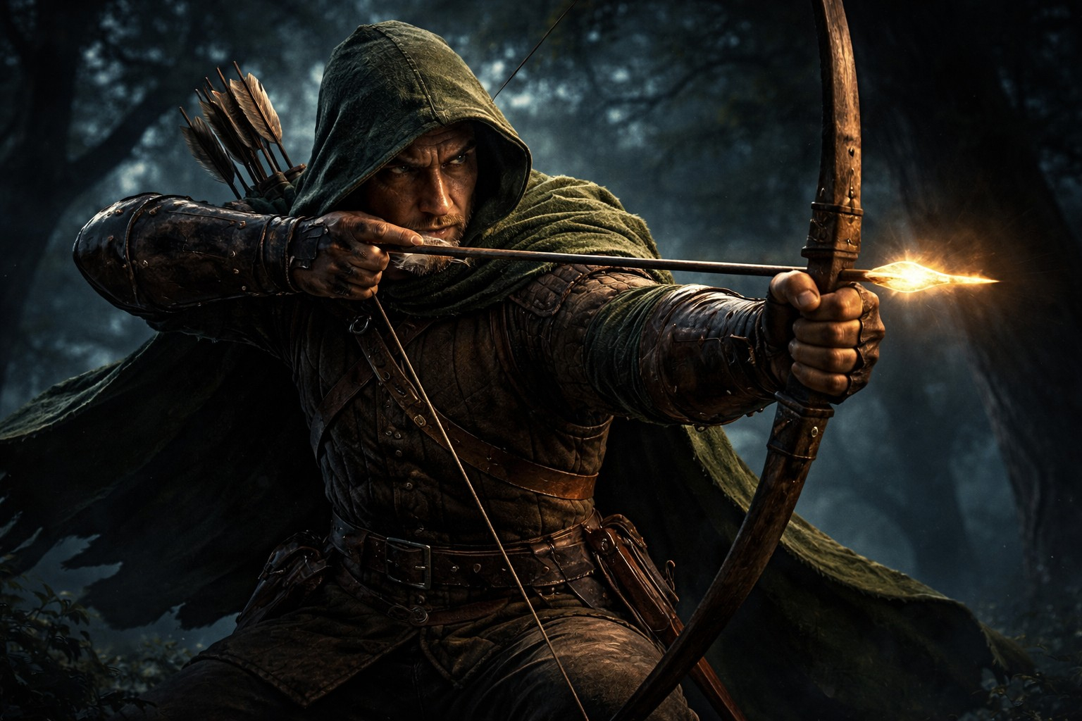 Iconic Robin Hood Outlaw Longbow Moonlit Forest Wallpaper