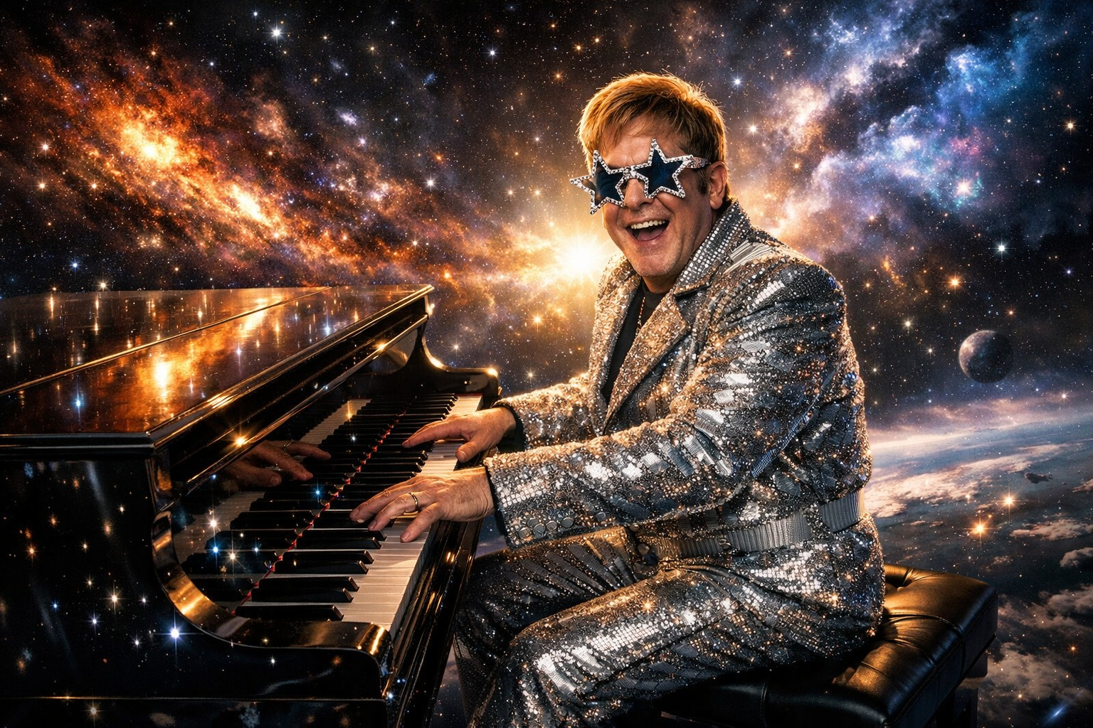 Rocket Man Elton John Inspired Cosmic Piano Space Wallpaper