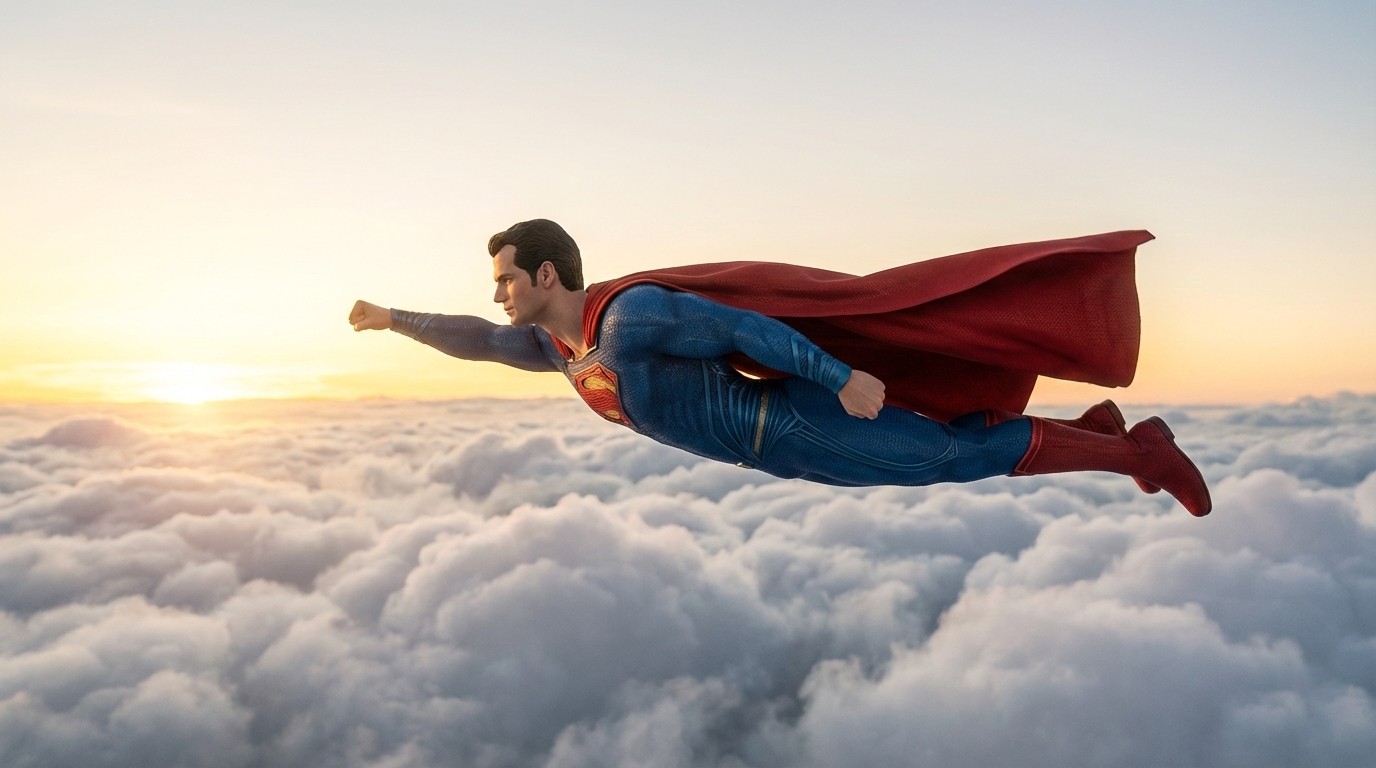 Superman Flying Above Clouds Cinematic Wallpaper