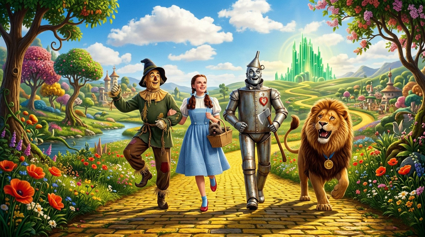 Whimsical Characters Quest Wizard Of Oz Wallpaper