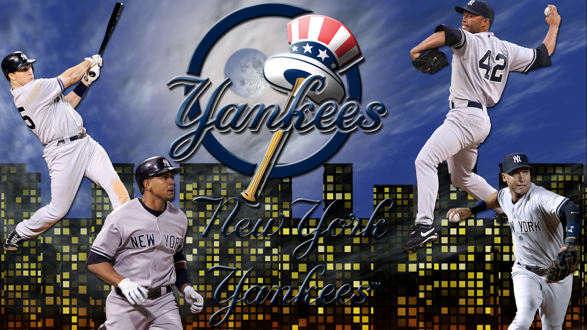New York Yankees Players Collage City Background Wallpaper