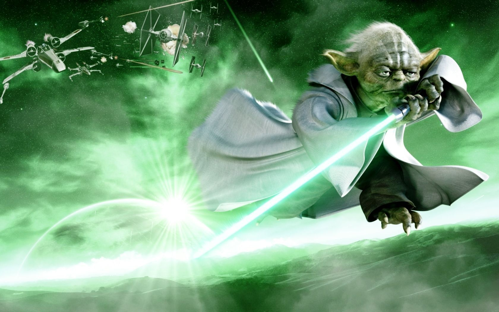 Yoda Space Battle Lightsaber Star Wars Action Scene Wallpaper