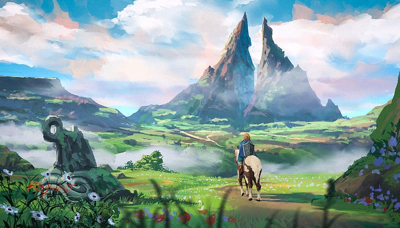 Zelda Link Horse Mountain Valley Fantasy Landscape Adventure Art Wallpaper