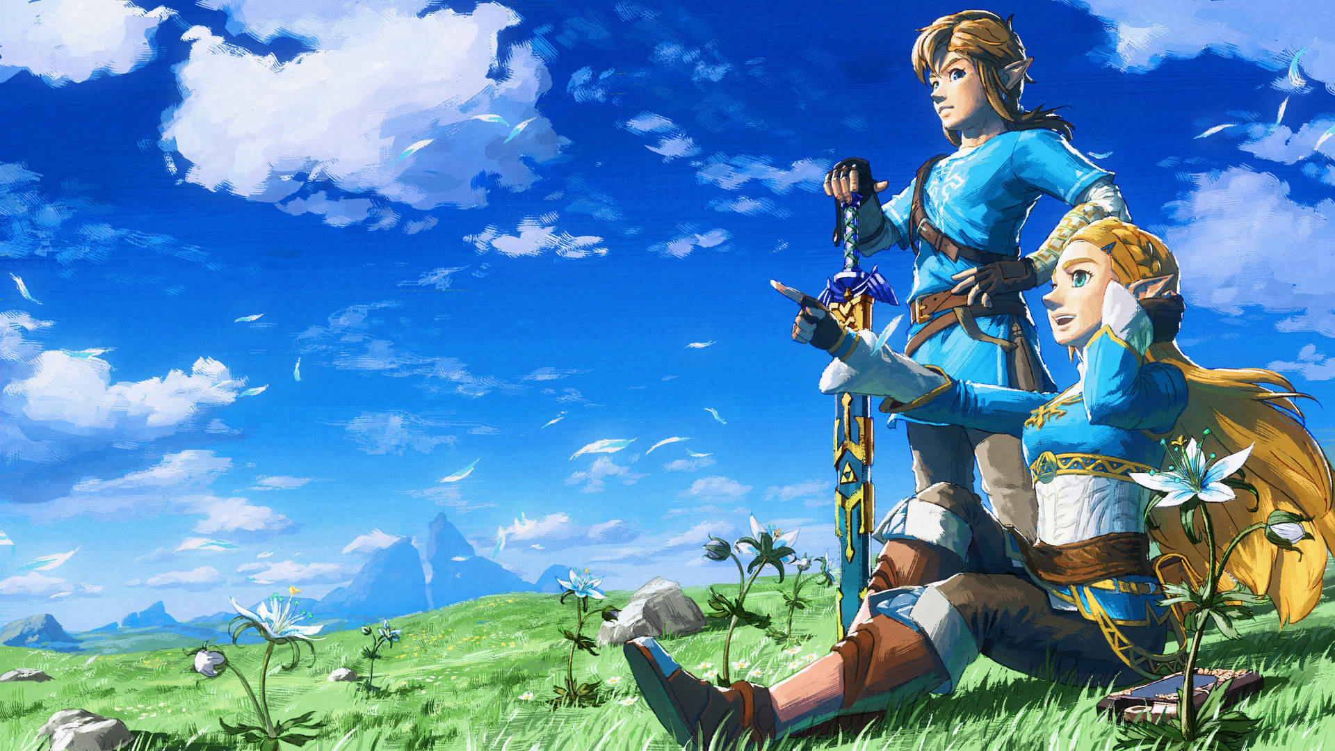 Zelda Link Princess Zelda Field Sky Hyrule Adventure Art Wallpaper