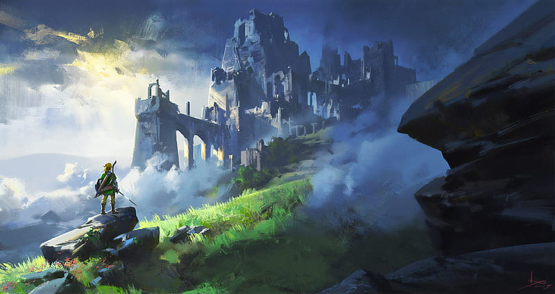 Zelda Link Ruined Castle Misty Landscape Epic Adventure Art Wallpaper