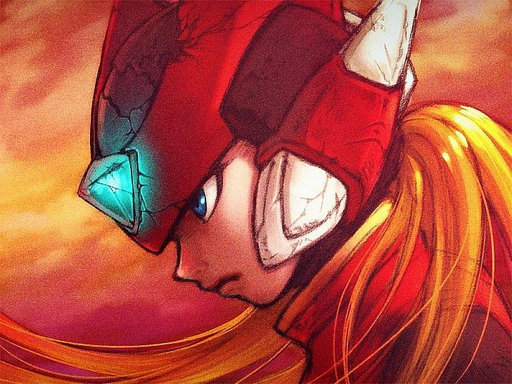 Zero Mega Man Profile Sunset Anime Art Red Armor Long Hair Wallpaper