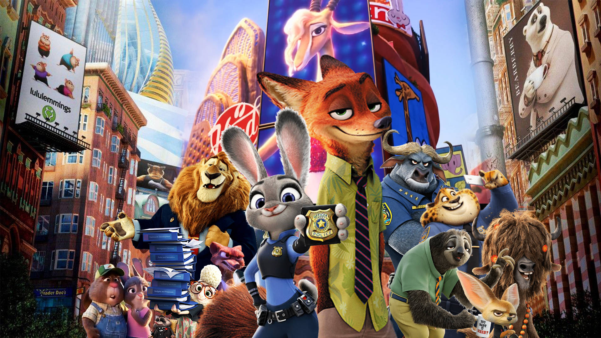 Zootopia City Characters Judy Hopps Nick Wilde Ensemble Poster Wallpaper