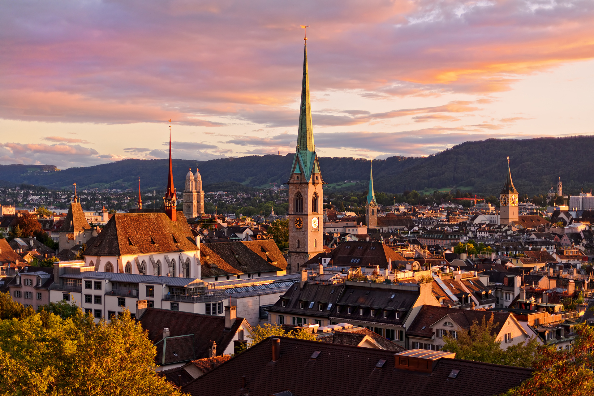 Zurich Cityscape Sunset Church Spires Grossmunster Fraumunster Old Town Rooftops Switzerland Wallpaper