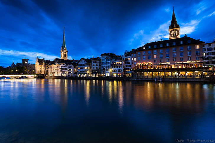 Zurich Limmat River Night Blue Hour Church Spires City Lights Reflection Wallpaper