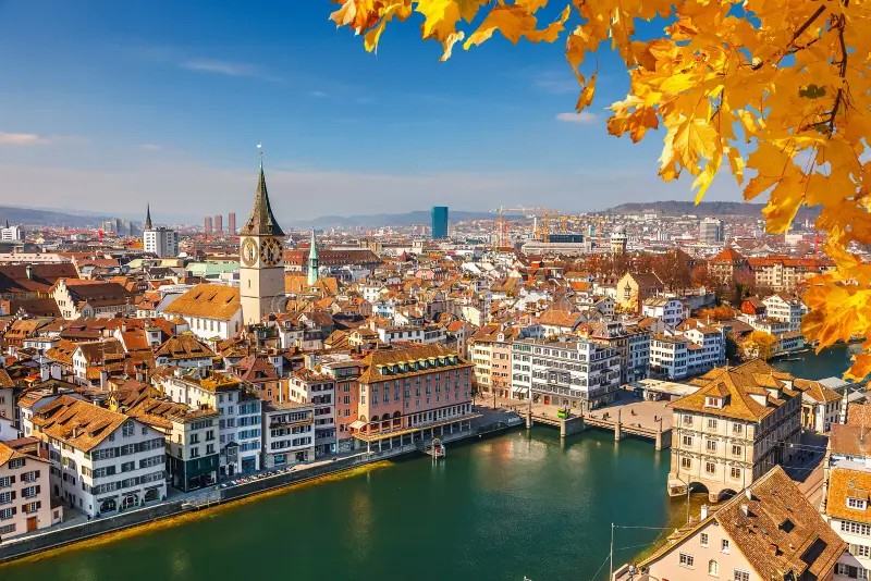 Zurich Old Town Limmat River Autumn Aerial View Church Clocktower Switzerland Wallpaper
