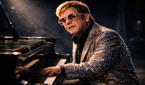 elton john inspired cinematic piano portrait dark studio