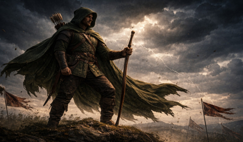 epic robin hood fantasy portrait stormy sky medieval archer