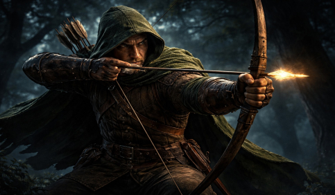 iconic robin hood outlaw longbow moonlit forest