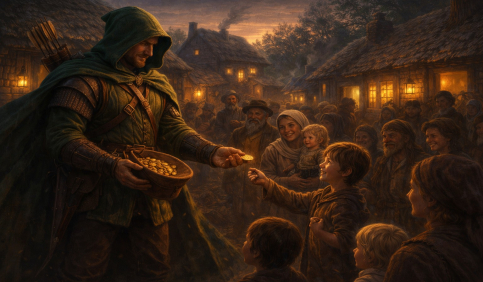 legendary robin hood hero distributing gold medieval village dusk