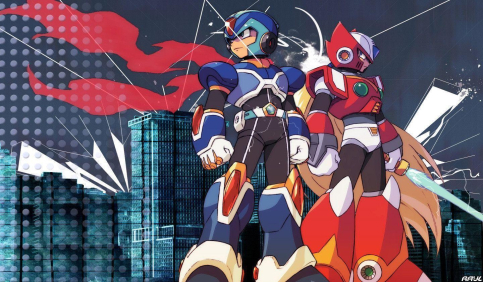mega man x and zero anime heroes city background red blue armor artwork