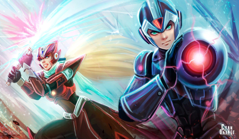 mega man x and zero futuristic battle energy blast anime artwork