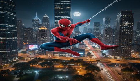 spiderman city swinging night scene