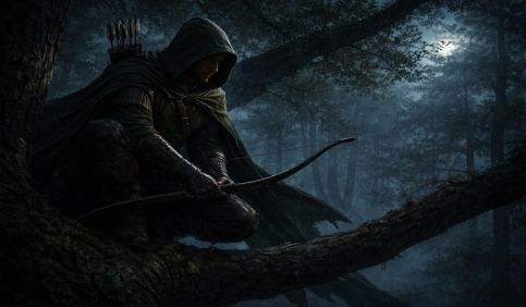 stealthy robin hood inspired archer tree branch moonlit forest